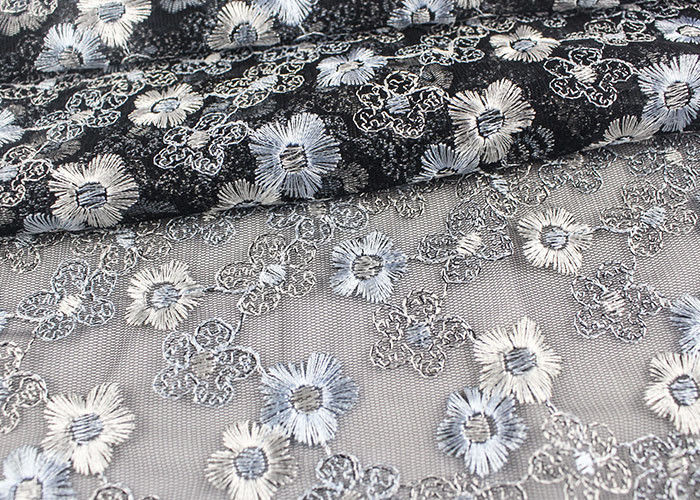 Floral Design Embroidered Tulle Lace Fabric For Bridal Wedding Dresses
