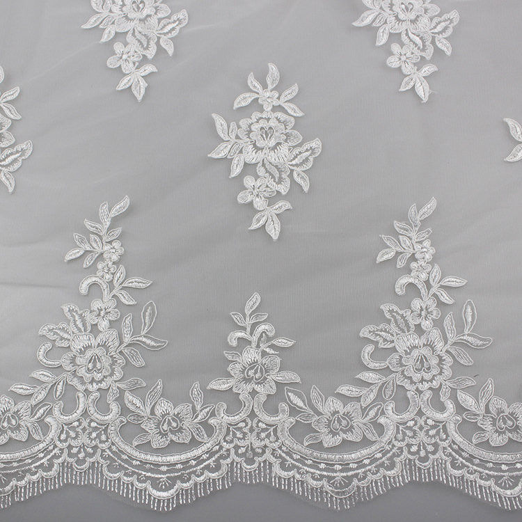 Floral Embroidery Eyelash Corded Lace Fabric For Bridal Wedding Dresses