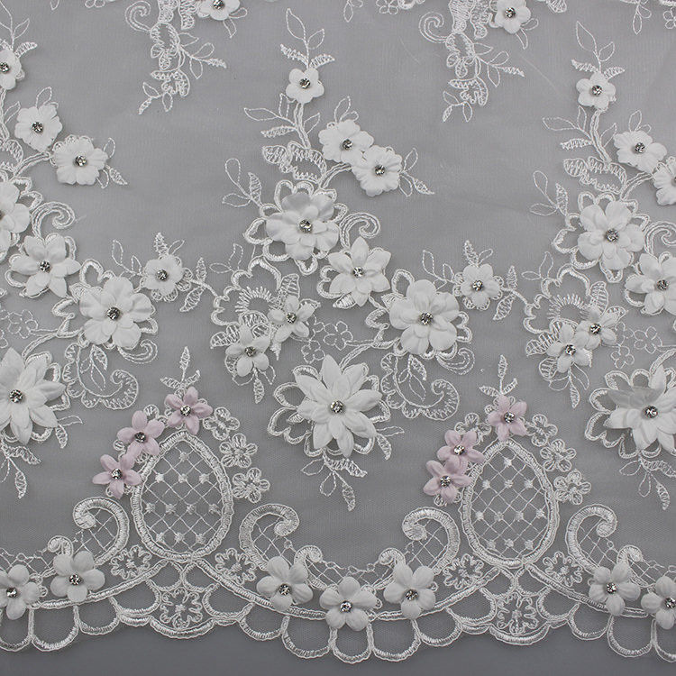 3D Flower Beaded Lace Fabric , Embroidery Lace Tulle Fabric For Bridal Dresses