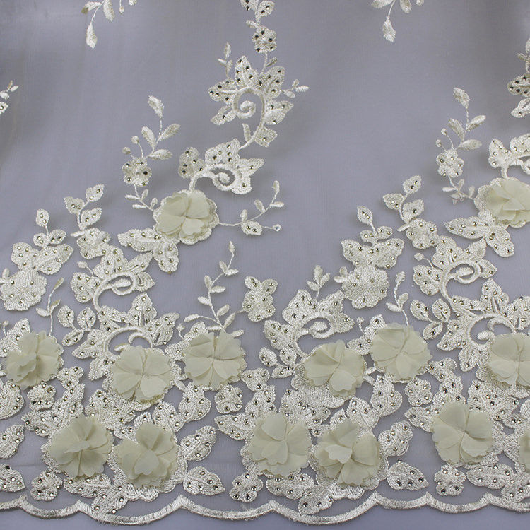 3D Floral Lace Fabric With Beaded Embroidered Polyester Fiber For Party Gowns