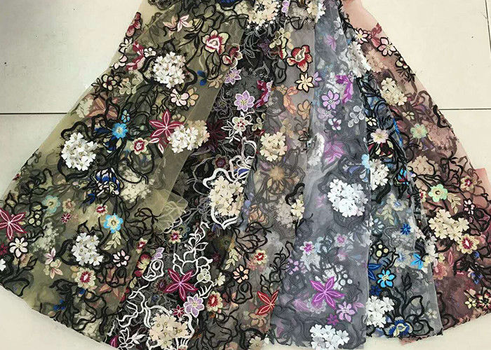 Multi Color Embroidered 3D Flower Lace Fabric / Fabric , Bead Lace Tulle For Dress