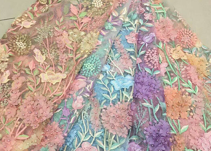 Bead Embroidered Lace Fabric, Scalloped Multi Color 3D Flower Lace Fabric For Dress