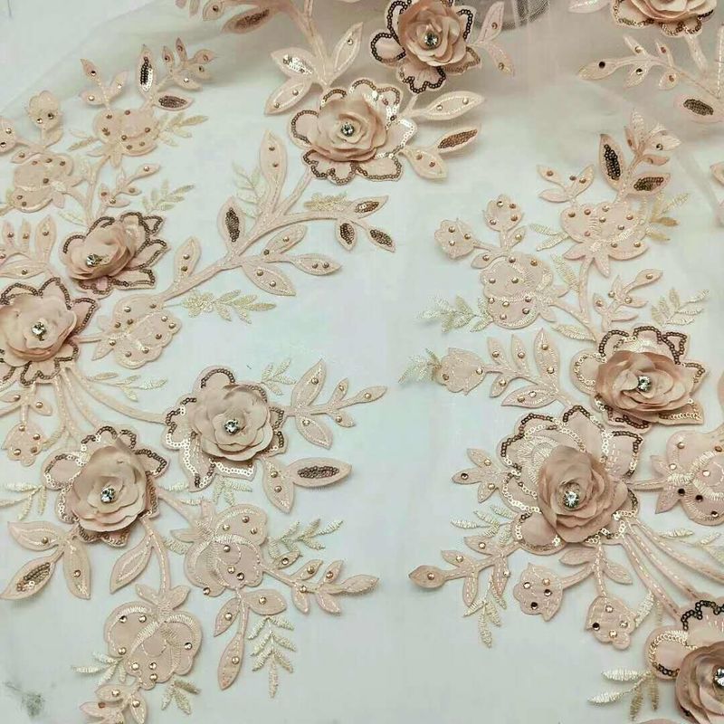 3D Flower Embroidered Lace Fabric , Sequin Lace Mesh Fabrics For Fashion Dresses