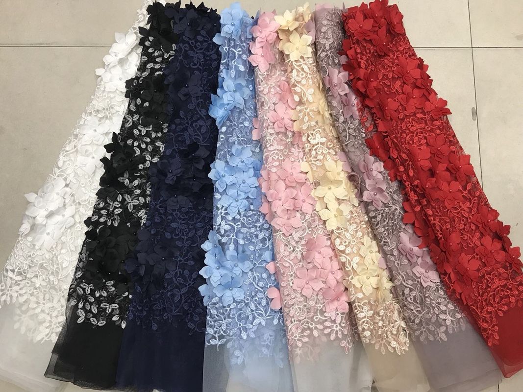 Polyester 3D Flower Cording Embroidered Lace Beaded Mesh Fabric For Textile