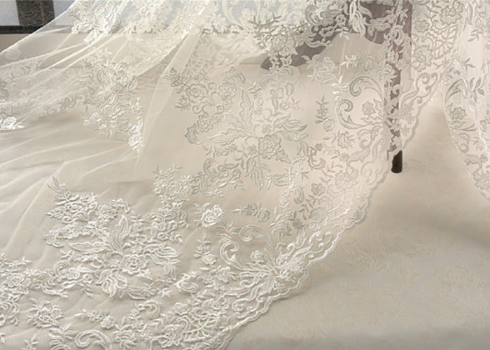 White Tulle Corded Bridal Stretch Lace Fabric , Floral