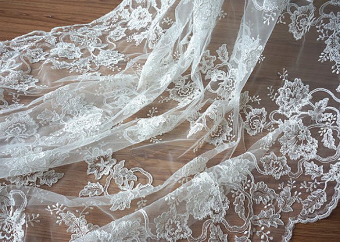 Off White Wedding Dress Tulle Lace Fabric , Embroidery