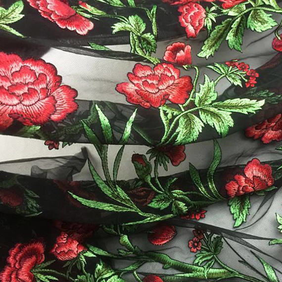 3D Rose Flower Embroidered Mesh Wedding Lace Fabric By The