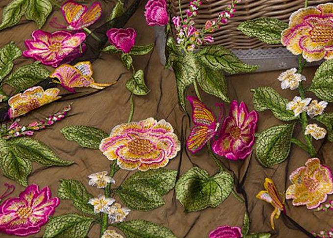 Heavy Embroidered Multi Colored Lace Fabric , Vintage Lace Floral Tulle ...