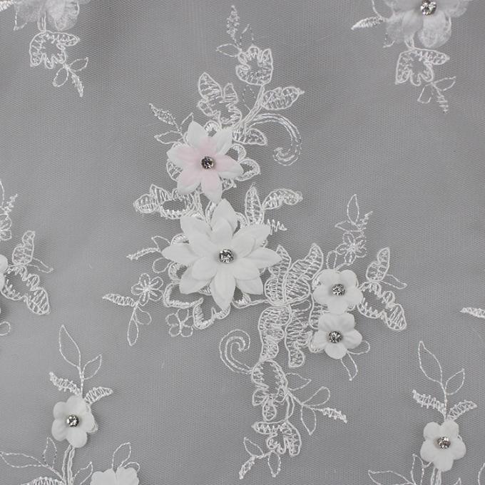3D Flower Beaded Lace Fabric , Embroidery Lace Tulle Fabric For Bridal