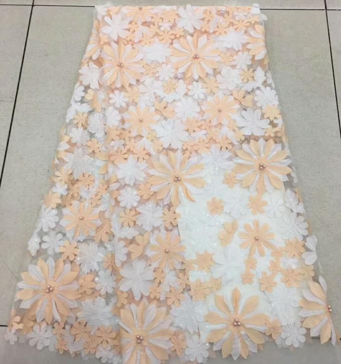 Pink 3D Flower Embroidered Mesh Lace Fabric , Sequin Beaded Lace Tulle